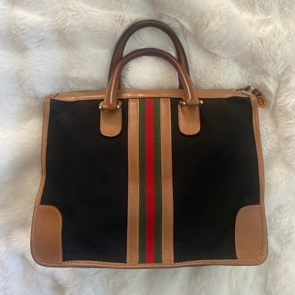 Vintage Gucci Top Handle Bag BlackTan Stripe - Picture 1 of 12